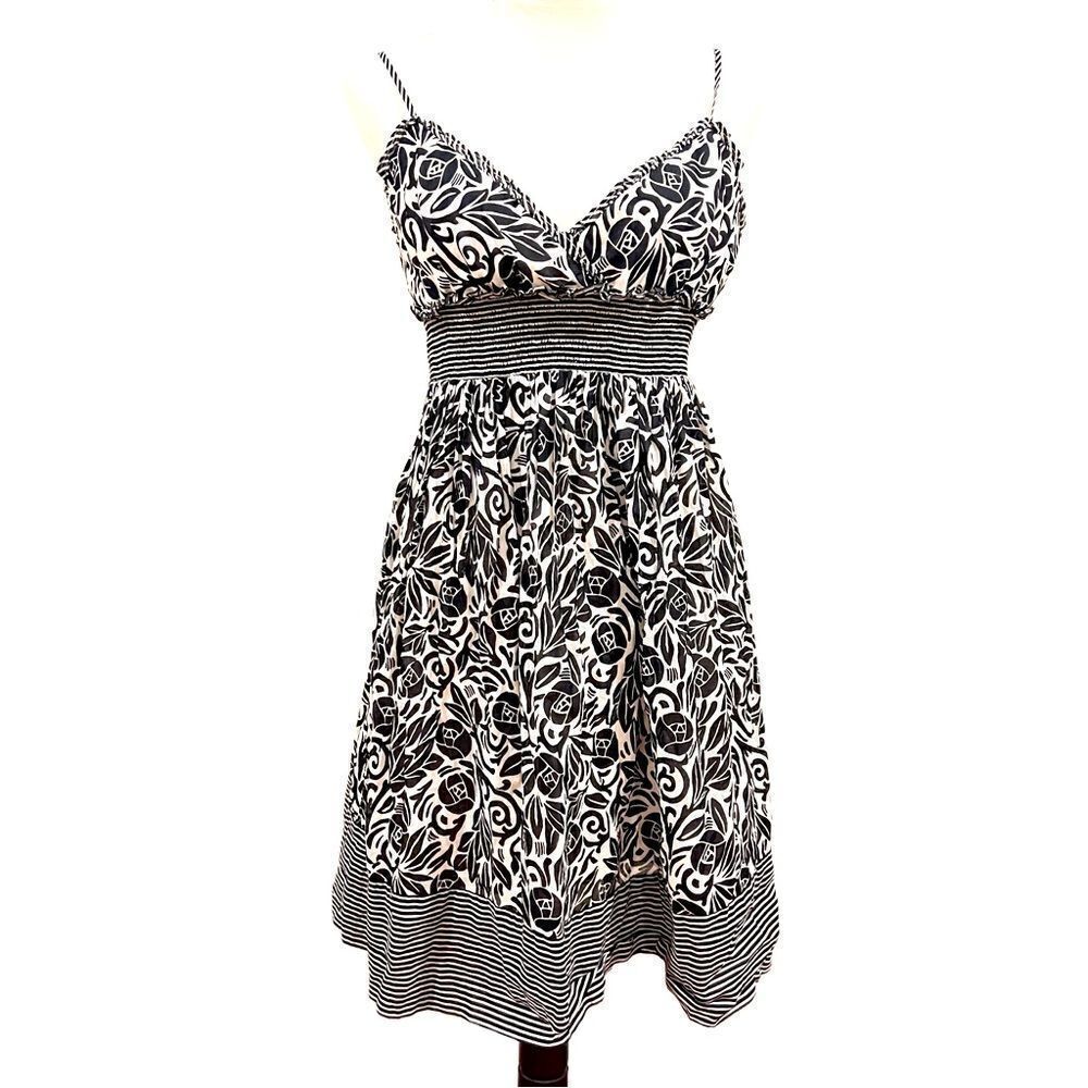 BCBaxAzaria adjustable spaghetti strap cream/black floral and striped dress